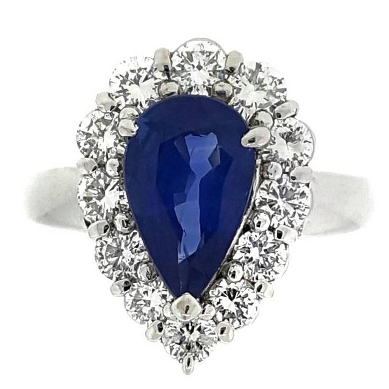 Cornflower Blue Pear Shaped Sapphire Diamond Platinum Ring For Sale