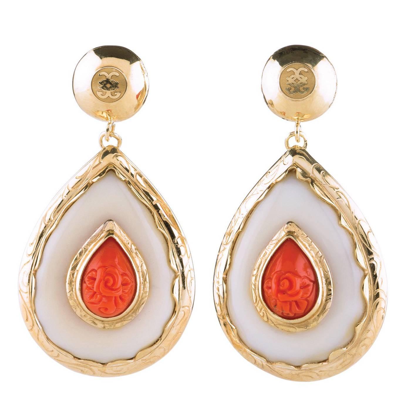 Gold Coral Nut Ivory Teardrop Small Earrings  For Sale