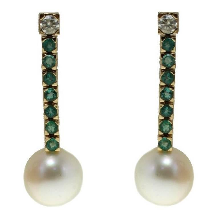 0.70 ct Diamond 2.09 ct Emerald 8 g Australian Pearl Rose Gold Dangle Earrings