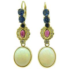 Modern Opal Sapphire Ruby Diamond Yellow Gold Earrings 2