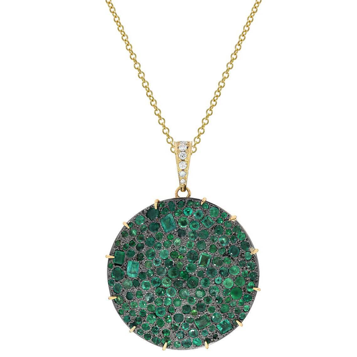 14 Karat Yellow Gold and Blackened Sterling Silver Emerald Pendant For Sale
