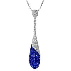 Invisible Set Blue Sapphire Diamond Pave White Gold Drop Pendant 