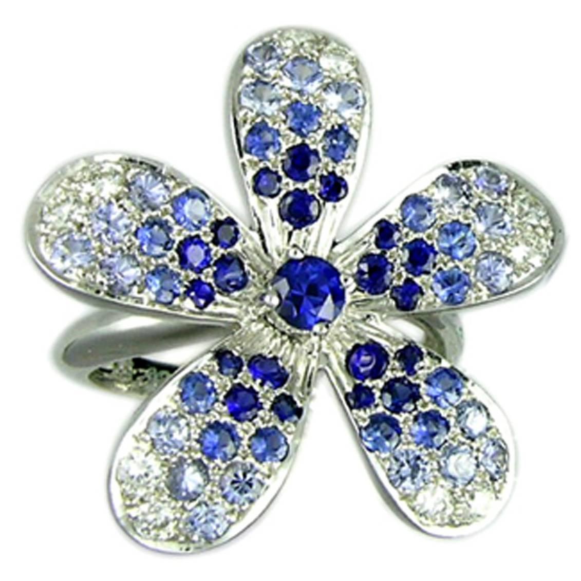 Blue Sapphire Diamond White Gold Flower Ring  For Sale