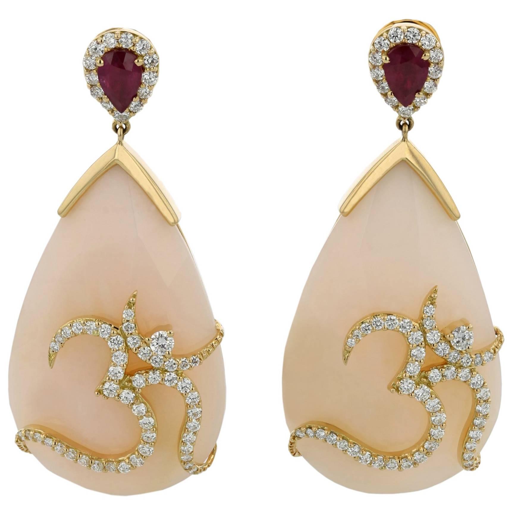 Earrings Pink Gold 18 Karat 9.90g Opals 33.51 Carat Rubies 0.86 Carat For Sale
