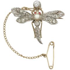 1880s Victorian Diamond Pearl Ruby and Yellow Gold 'Dragonfly' Brooch 10