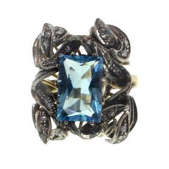 Diamonds, Rectangle Shape Blue Topaz  Rose Gold and Silver Fashion Ring