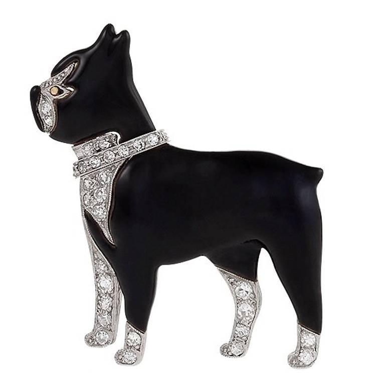 1920's Art Deco Diamond Enamel Platinum Boston Terrier Brooch