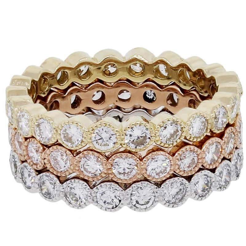 Three Stackable 3.05 Carat Diamonds Tricolor Gold Eternity Band Rings ...