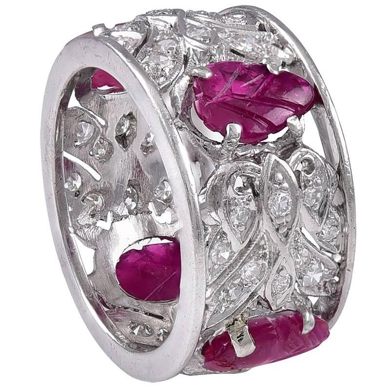 Art Deco Diamond Carved Ruby Platinum Band ring