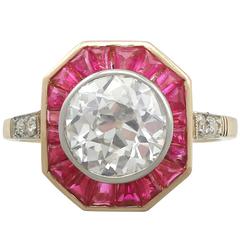 1930s French 2.10 Carat Diamond and Ruby Yellow Gold Cocktail Ring 2
