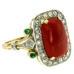 Coral Diamond Emerald Gold Retro Ring 3