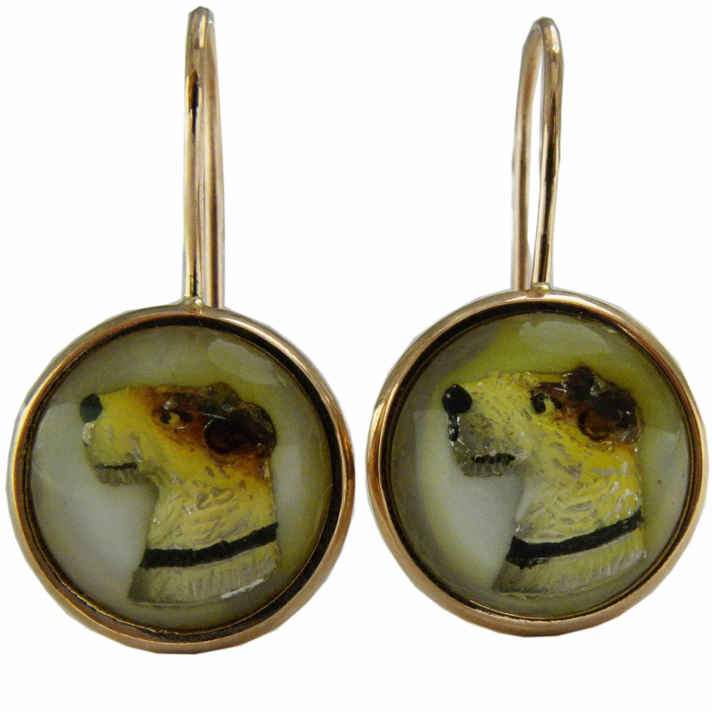 Original 1950s Reverse Painting under Crystal Gold Fox Terrier Earrings