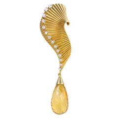 1940s Cartier Diamond Gold Brooch with Citrine Pendant
