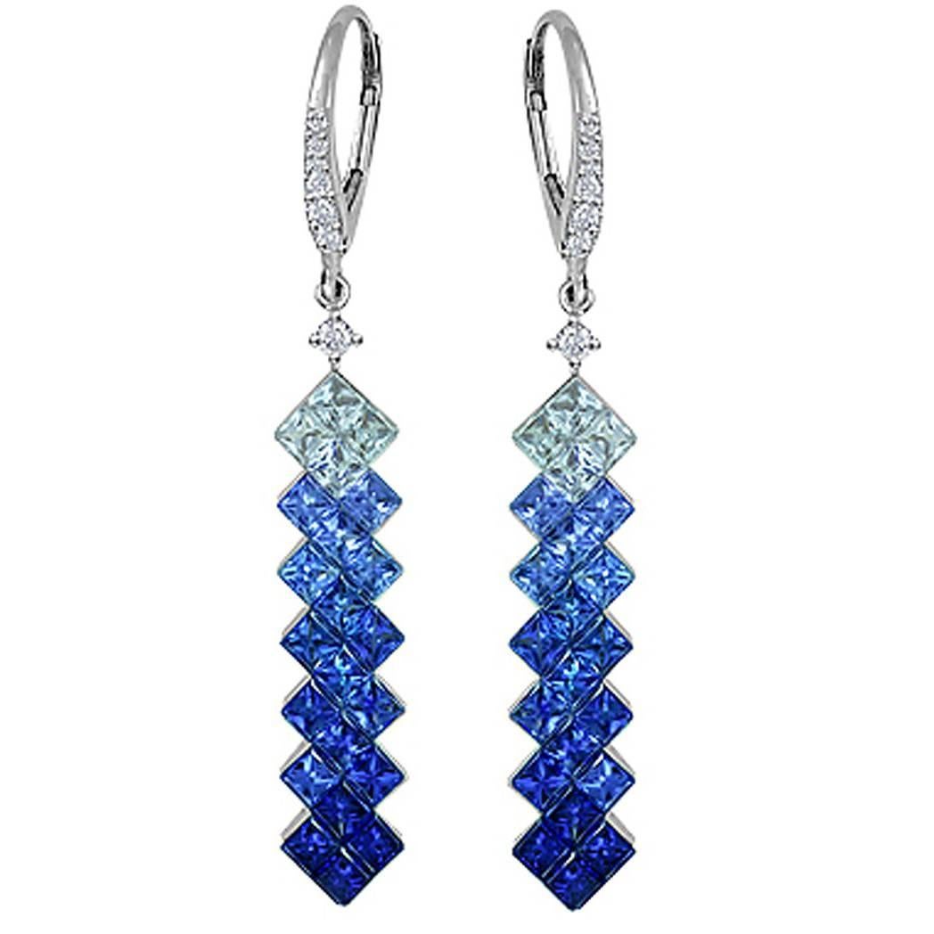 Blue Sapphire and Diamond Drop Earrings in White Gold