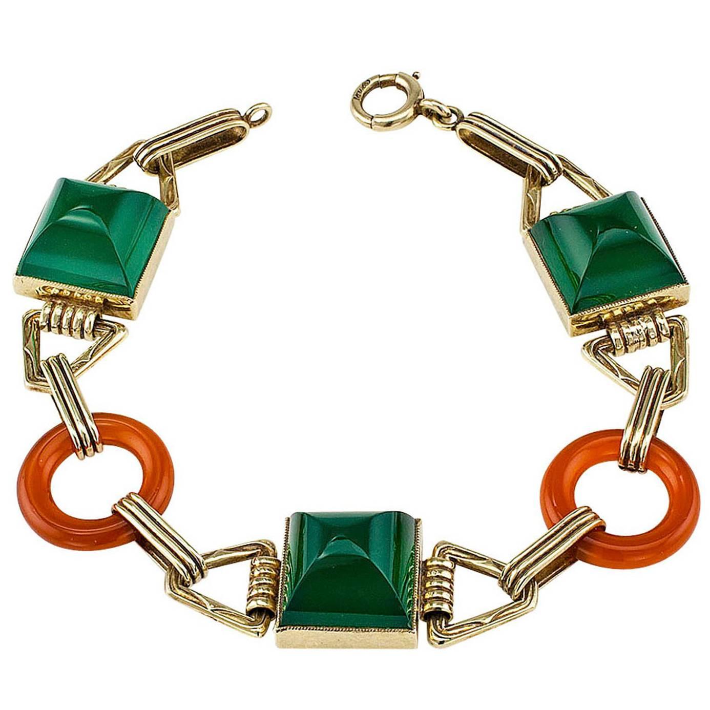 Art Deco 1930s Green Onyx Carnelian Gold Bracelet