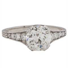 Hand Engraved Diamond Engagement Ring Platinum 1.63 Carat Old European Cut G-VS1