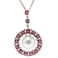  Australian Pearl Ruby Diamond Gold Pendant