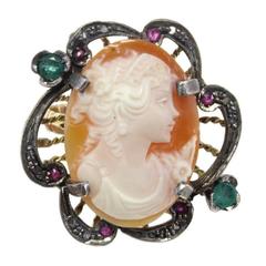 Vintage Gold Silver Diamond Emerald Ruby Cameo Cocktail Ring