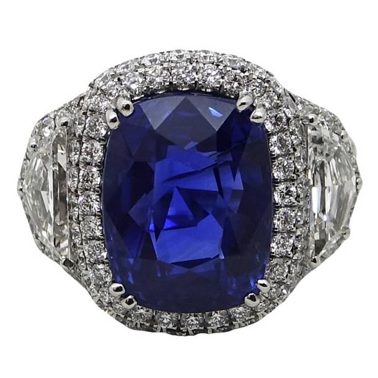 11.49 Carat Cushion Cut Sapphire and Diamond Platinum Engagement Ring For Sale