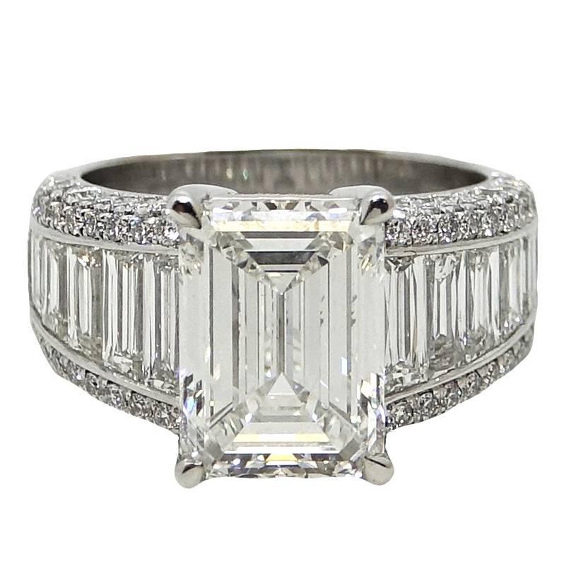 5.01 Carat Emerald Cut Diamond Platinum Engagement  Ring For Sale