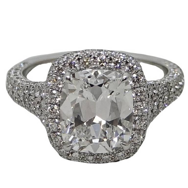 3.02 Carat Cushion Cut Diamond Platinum Engagement Ring For Sale