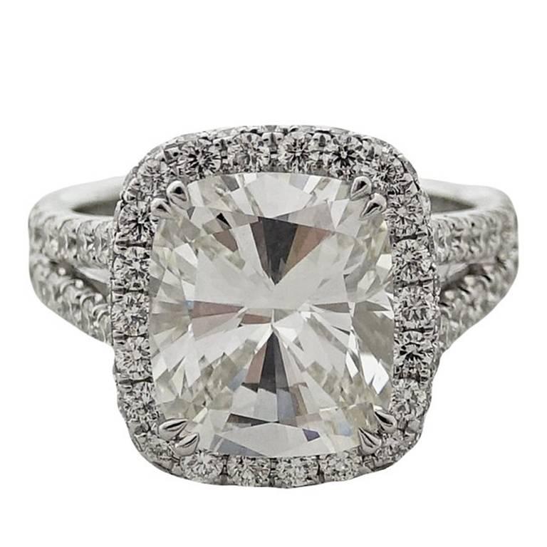 4.91 Carat Cushion Cut Diamond Platinum Ring For Sale