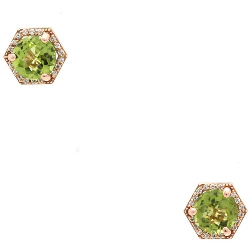 Geometric Rose Gold Peridot Stud Earrings with Diamond Halo For Sale