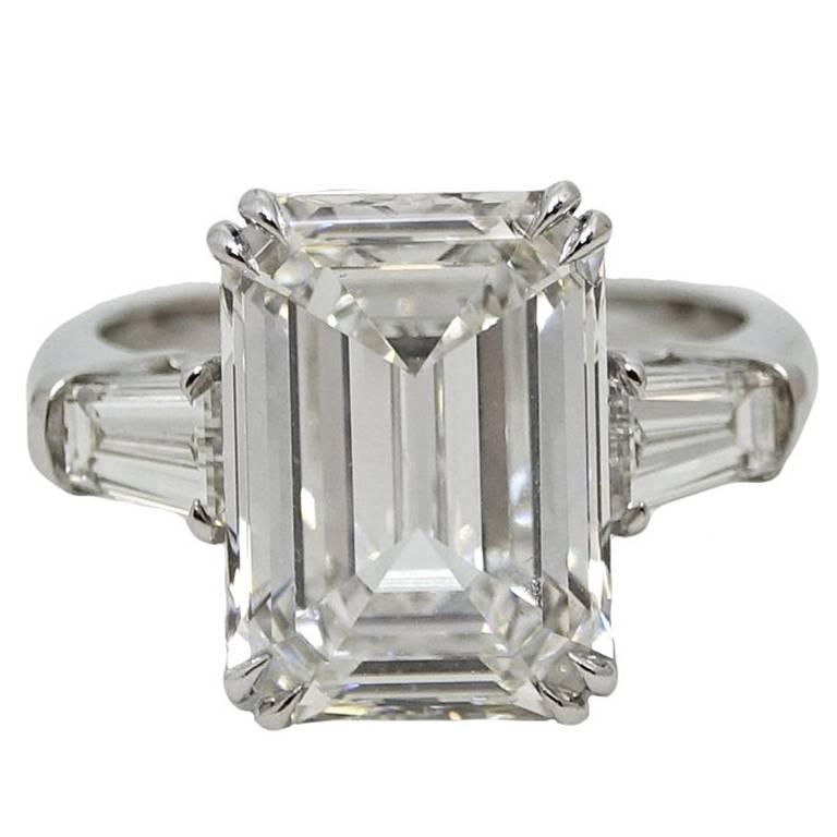 7.08 Carat GIA Certified Emerald Cut Diamond Platinum Engagement Ring For Sale