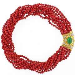 Ox-Blood Coral Diamond Emerald Necklace