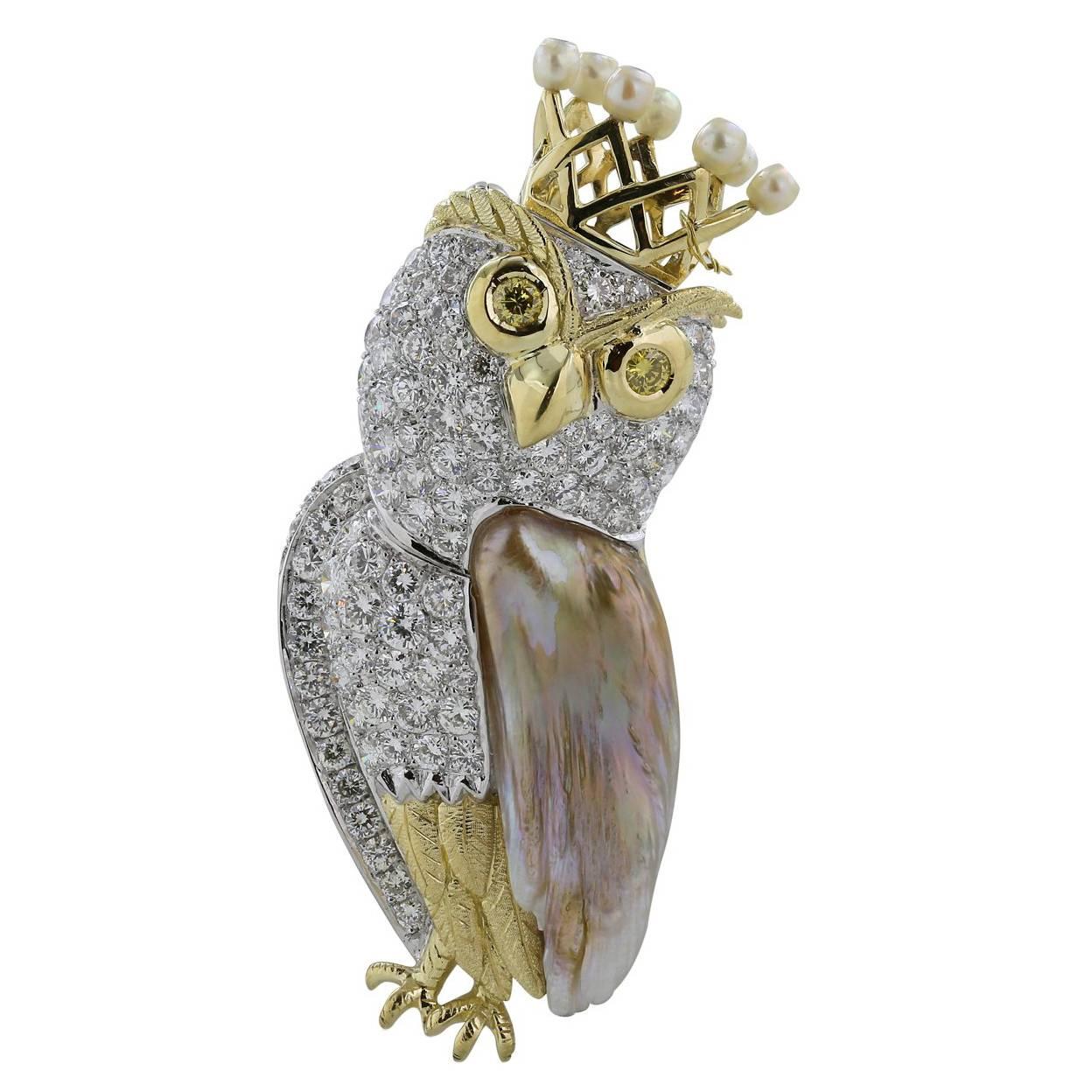 Pearl Diamond White and Yellow Gold Owl Pin For Sale