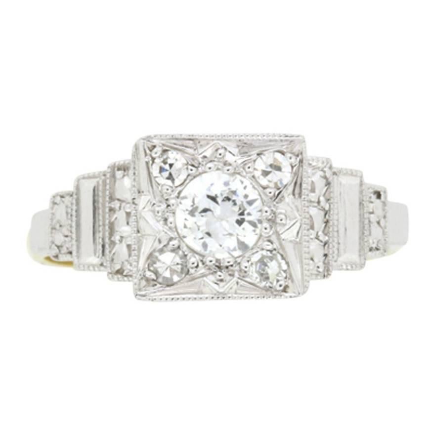 Late Art Deco Old Cut Diamond Cluster Engagement Ring, circa 1930s