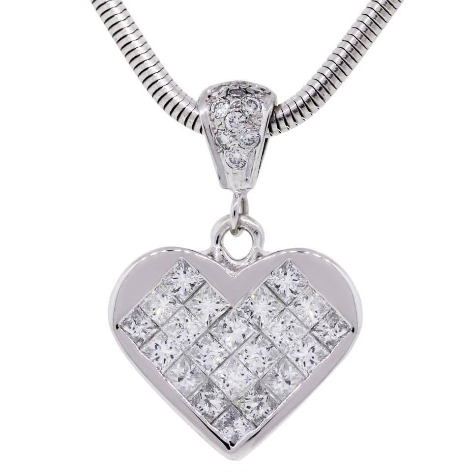Diamond White Gold Invisible Set Heart Pendant and Snake Chain