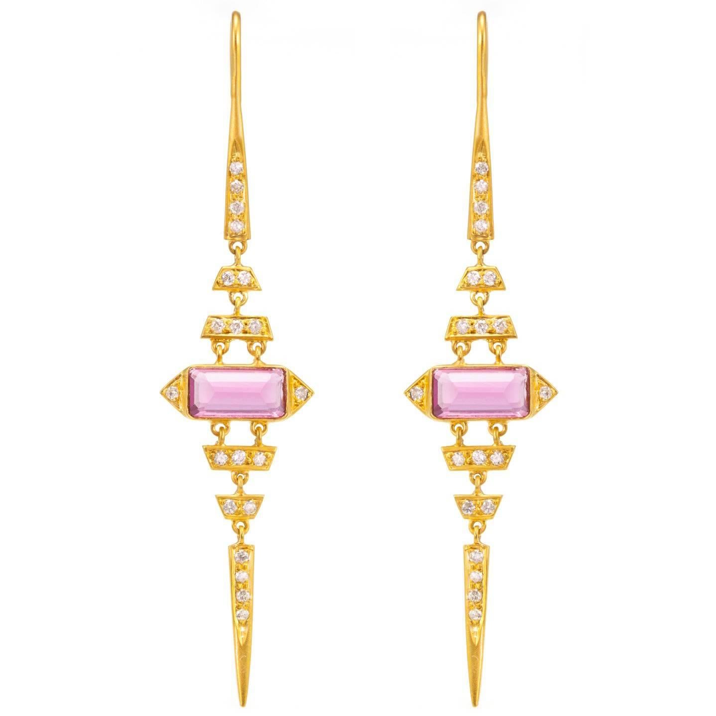 Lauren Harper .40 Carat Diamonds, Pink Tourmaline, Gold Earrings For Sale