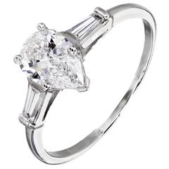 Vintage GIA Certified Pear Shape Diamond Three-Stone Platinum Engagement Ring