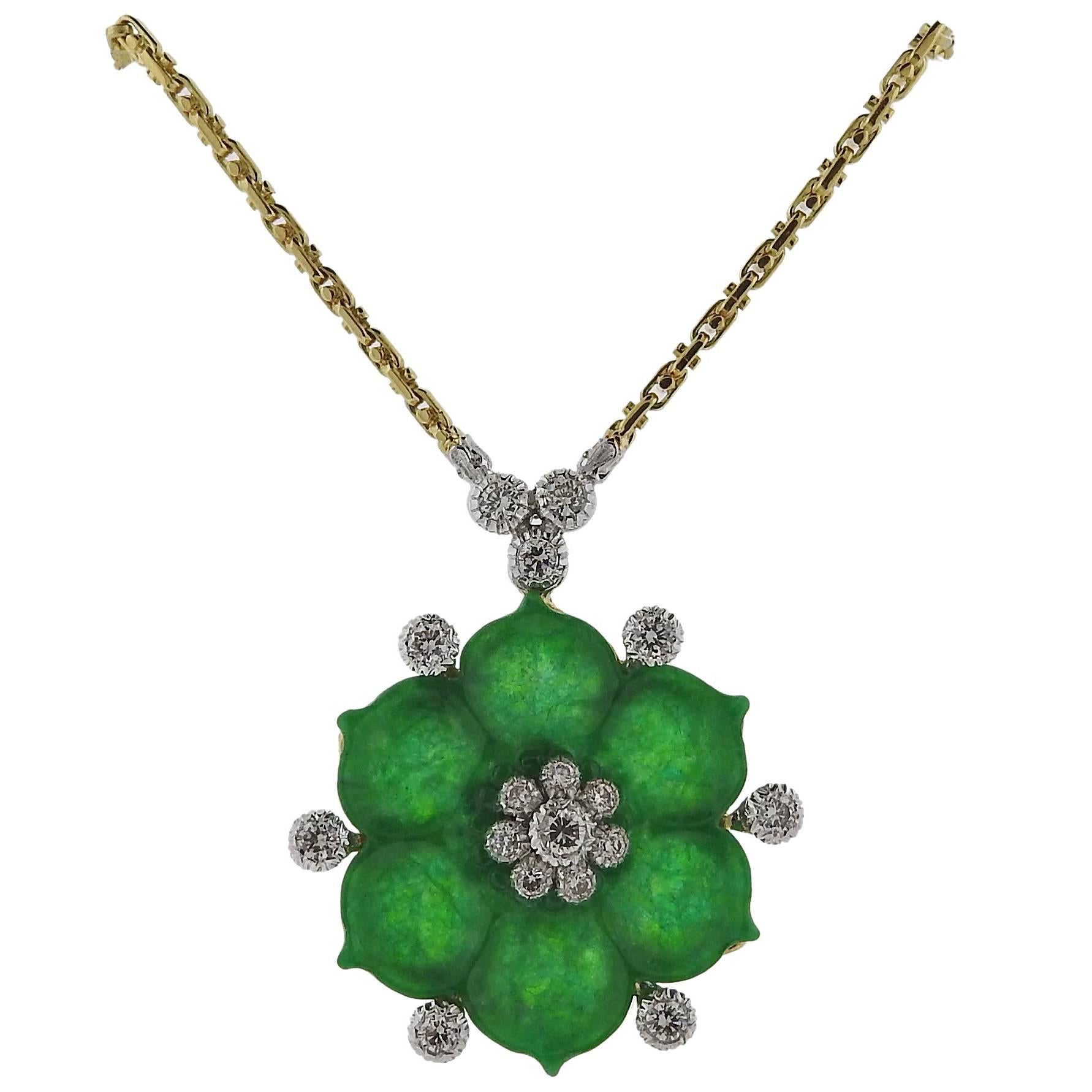 Buccellati Gold Diamond Jade Flower Pendant Necklace