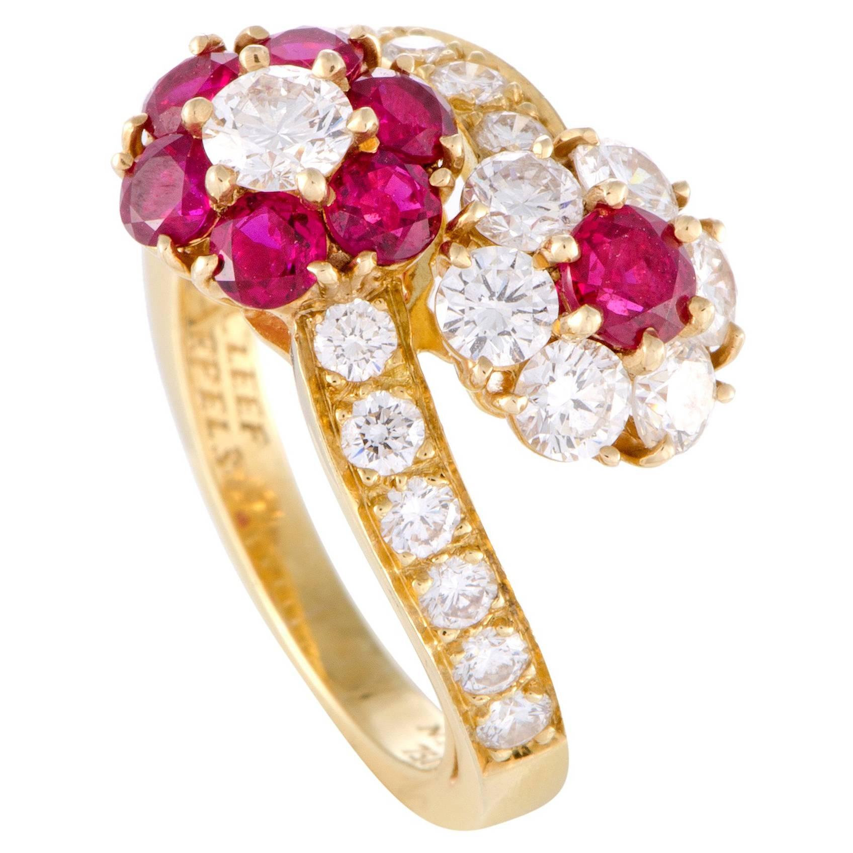 Van Cleef & Arpels Diamond and Ruby Flowers Yellow Gold Ring