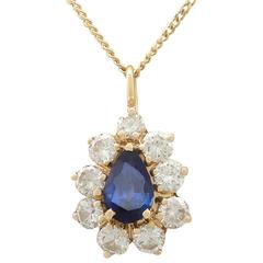 Retro 1990s French 1.60 Carat Sapphire and 1.42 Carat Diamond Yellow Gold Pendant