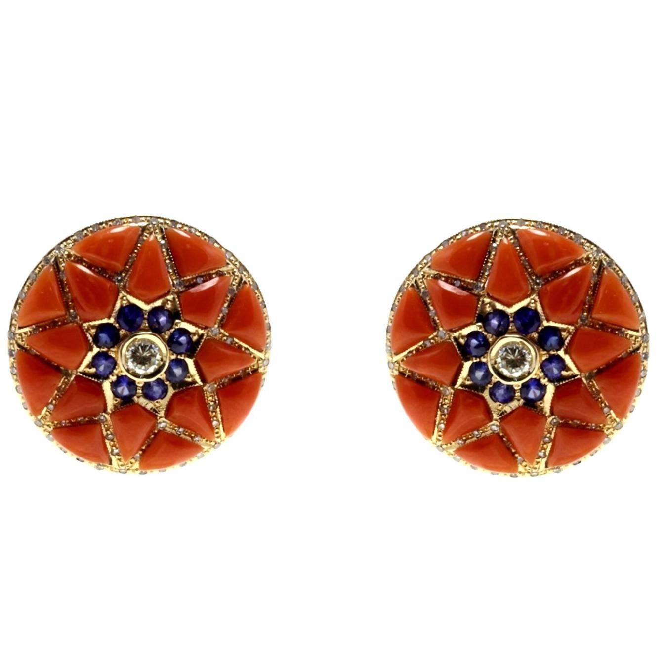 Diamonds, Blue Sapphire Flowers, Red Coral Flowers, Rose Gold Clip-on Earrings