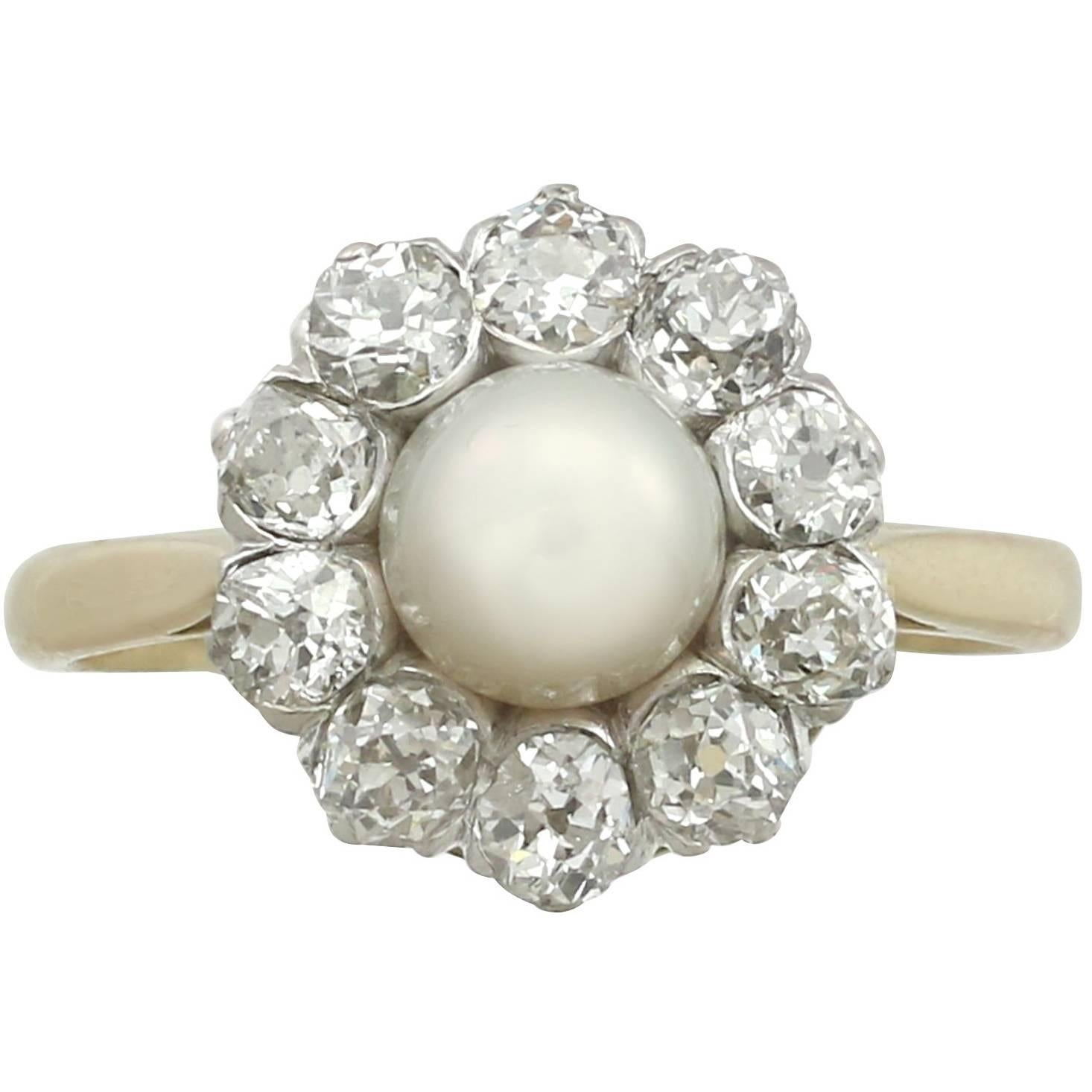 1920s Antique Cultured Pearl and 1.10 Carat Diamond Yellow Gold Cluster Ring