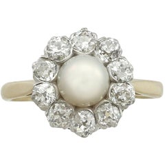 1920s Antique Cultured Pearl and 1.10 Carat Diamond Yellow Gold Cluster Ring