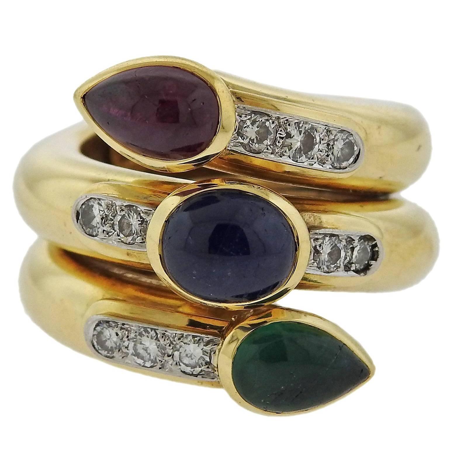 David Webb Gold Platinum Diamond Ruby Sapphire Emerald Ring