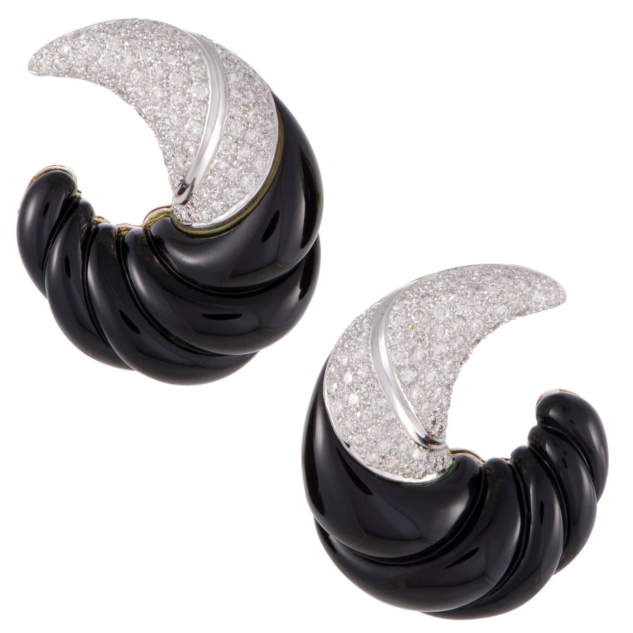 Gold Diamond Pave and Onyx Crescent Earrings
