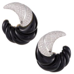 Gold Diamond Pave and Onyx Crescent Earrings