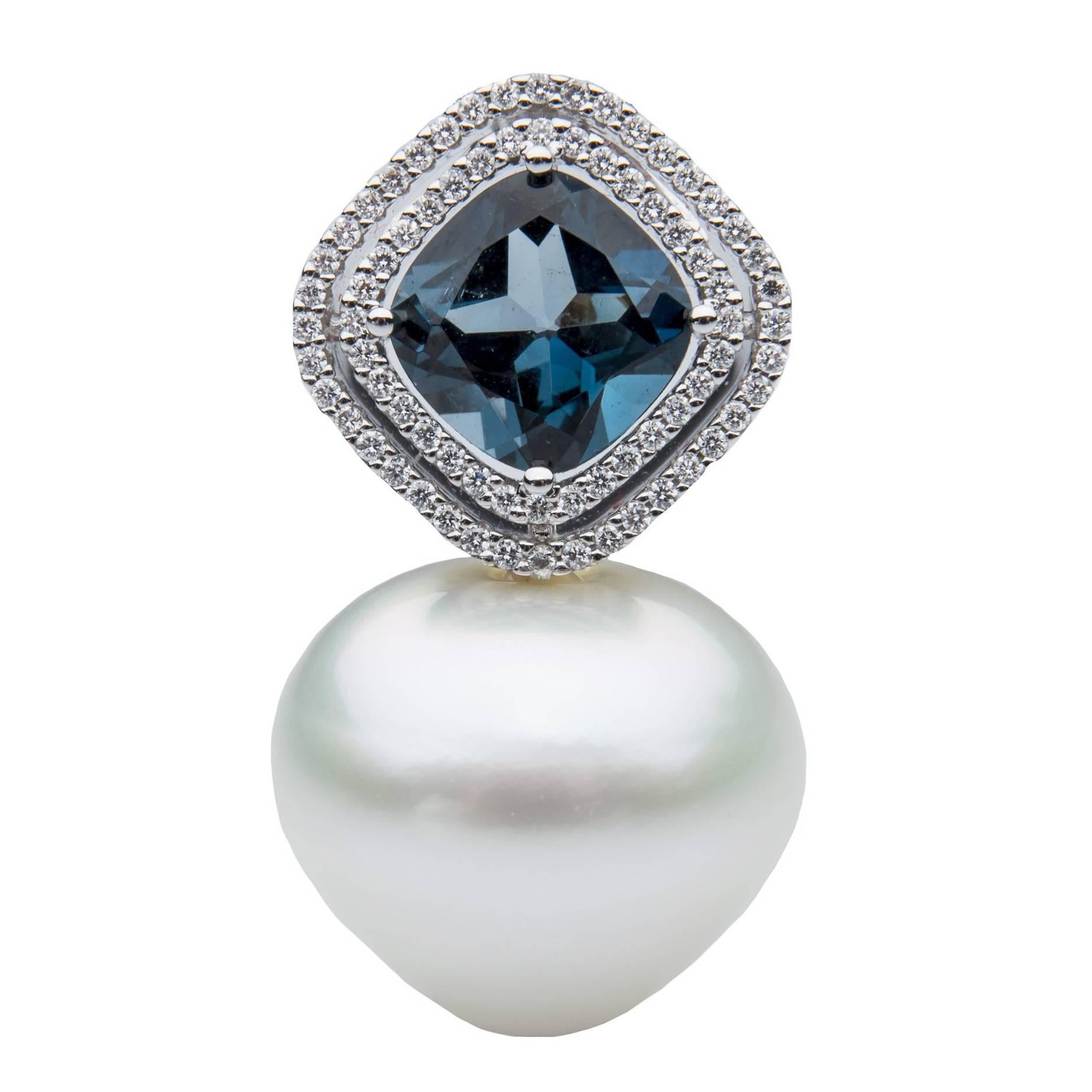 Lust Pearls London Blue Topaz Pendant 0.30 Carat Diamonds South Sea Pearl For Sale