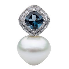 Lust Pearls London Blue Topaz Pendant 0.30 Carat Diamonds South Sea Pearl