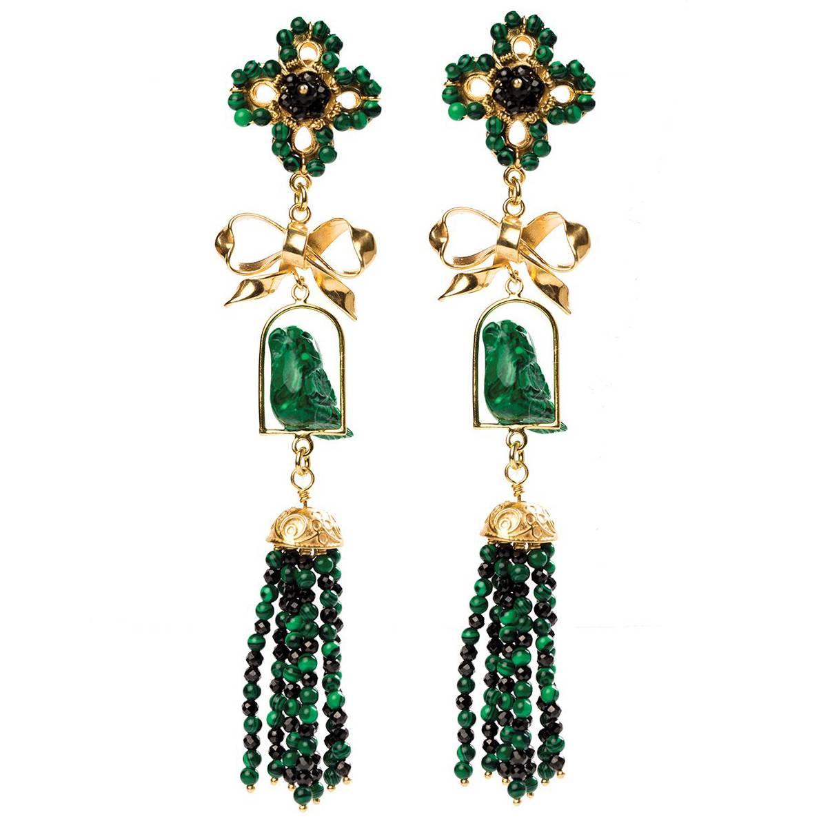 Couleurs de Géraldine Gold Diamond Bird Earrings Green Malachite Made in Italy For Sale