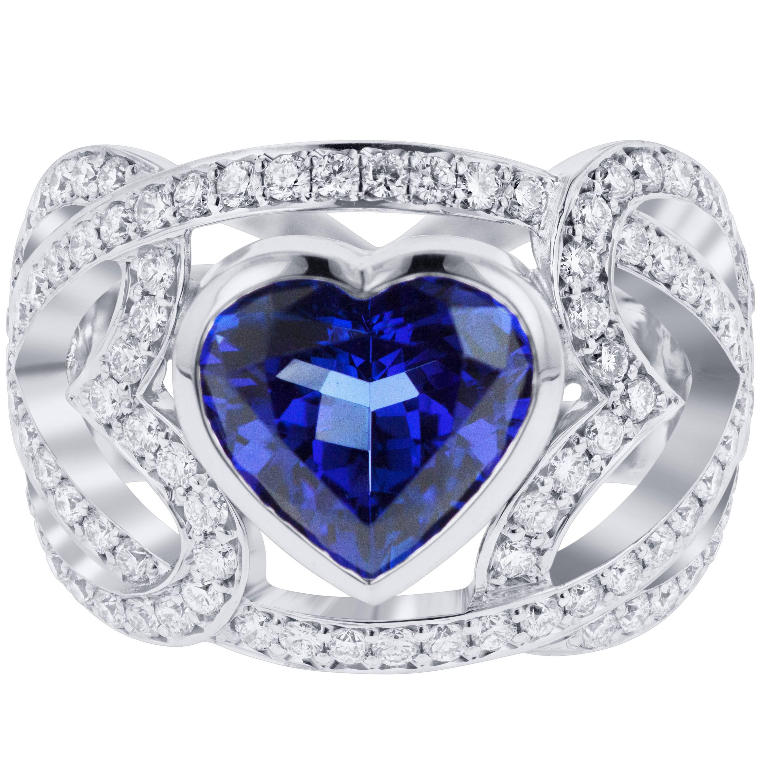 Romantic 3.79 Carat Heart Cut Dark Blue Tanzanite and 2.39 Carat White Diamond R For Sale