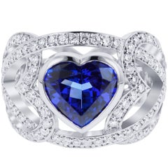 Romantic 3.79 Carat Heart Cut Dark Blue Tanzanite and 2.39 Carat White Diamond R