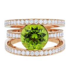 3.60 Carat Round Peridot with 196 Round White Diamonds Three-Band Ring