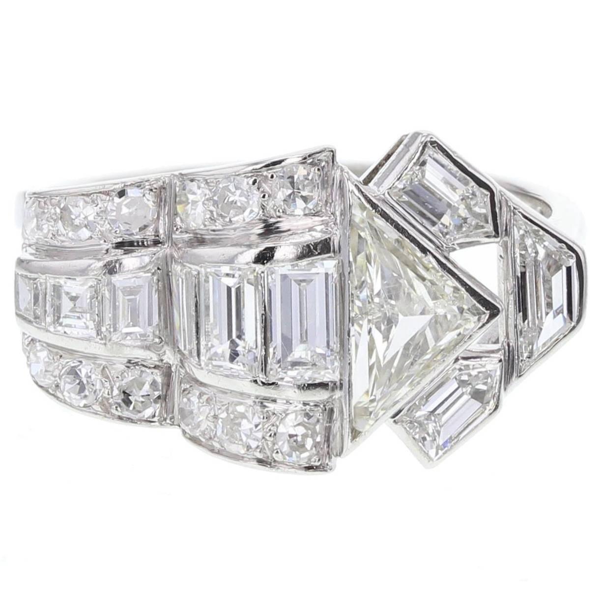 Art Deco Fancy Diamond Cluster Platinum Cocktail Ring